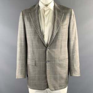 KITON Chest Size 44 Grey Yellow Plaid Cashmere Notch Lapel Sport Coat